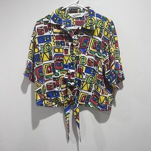 Diane Von Furstenberg vintage 80's 90s Colorful abstract tie front crop top Sz M